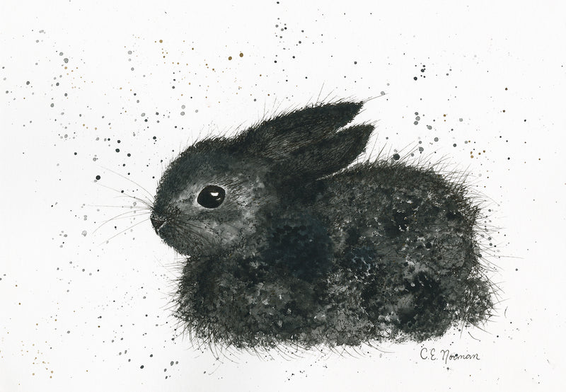 This black bunny is lying down and has both ears back as it looks at you with a shiny black eye. Painted originally by Christie Norman with watercolours and archival ink on canvas.