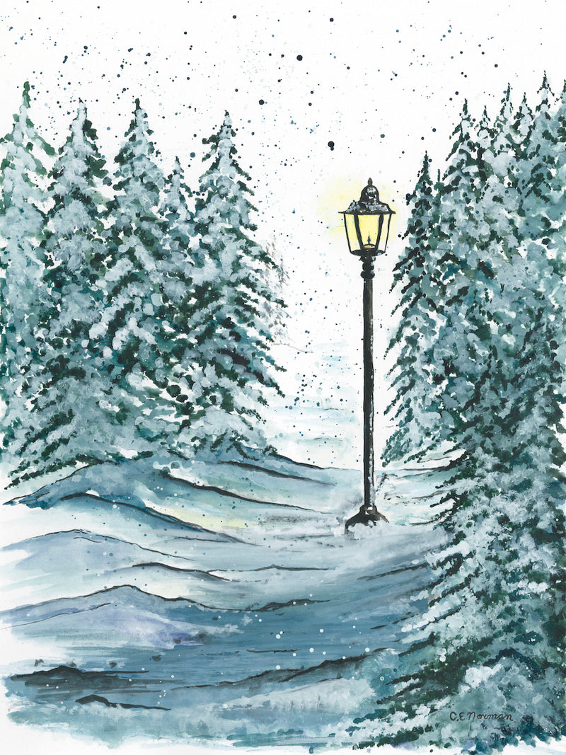As Lucy stepped out of the Wardrobe, a snowy wonderland awaited. The first landmark she can recall is this lantern, shining all alone in the woods. Painted originally by Christie Norman using watercolours and archival ink on canvas.
